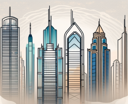 A ladder ascending towards a skyline of dubai