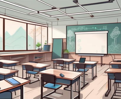 A modern chinese classroom equipped with advanced technology such as smart boards
