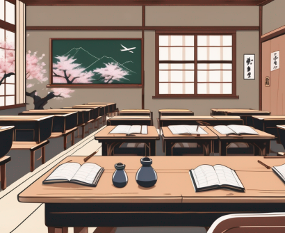 A traditional japanese classroom with a chalkboard