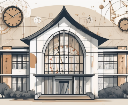 An international school building in new zealand surrounded by symbols of time