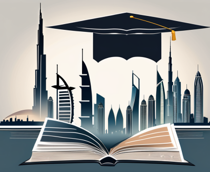 A classroom setting with a view of iconic landmarks from the top three asian countries (such as dubai's burj khalifa) in the background