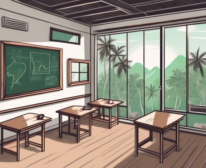 A thai classroom setting with a chalkboard