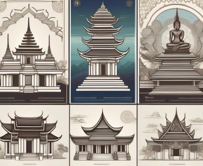 Four distinct sections representing different aspects of thai arts and humanities such as traditional music instruments
