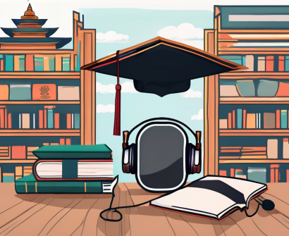 A classroom setting with tefl (teaching english as a foreign language) resources like books and headphones on the desk
