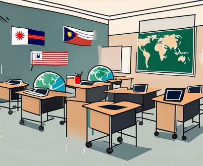 A classroom with various symbols representing challenges such as a cultural barrier