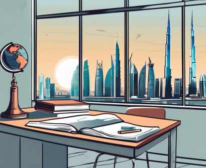 A modern classroom setting in dubai with a tefl (teaching english as a foreign language) book on the teacher's desk