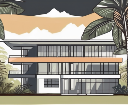 An international school building in papua new guinea surrounded by a tropical landscape