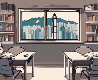A classroom setting in hong kong with tefl books on the desk and iconic hong kong landmarks visible through the window