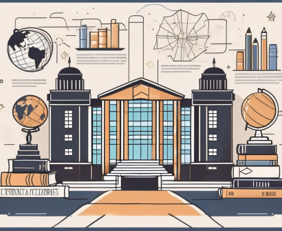 An international school building in the philippines surrounded by various educational symbols like books