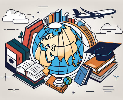 An international school in malaysia surrounded by five symbolic icons representing qualifications such as a globe (for international understanding)