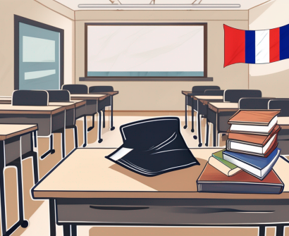 A classroom setting with tefl (teaching english as a foreign language) materials like textbooks and headphones on the desk