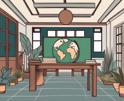 A classroom setting with malaysian cultural elements