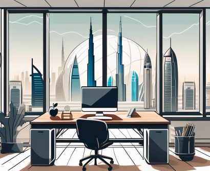 A modern classroom with a view of the iconic dubai skyline