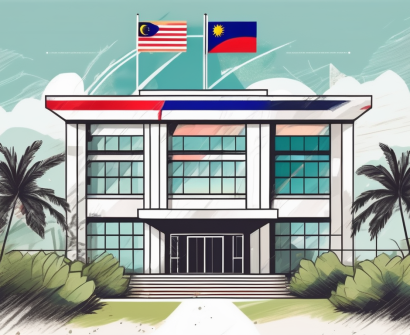 A school building with various international flags fluttering in the wind