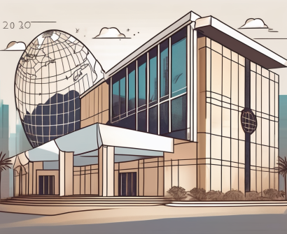 An international school building in saudi arabia with various educational symbols like books