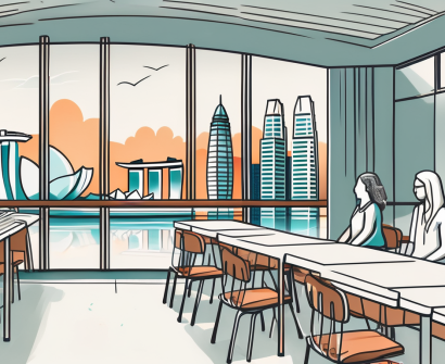 A classroom setting with iconic landmarks of singapore