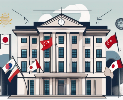 A singaporean school building with international flags fluttering in the wind