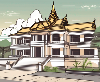 An international school building in cambodia with a background of the country's famous landmarks