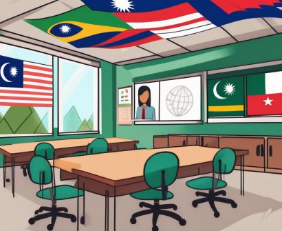 A classroom with international flags