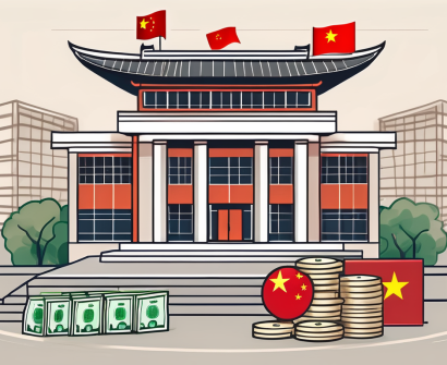 A modern international school building with the chinese flag flying above it