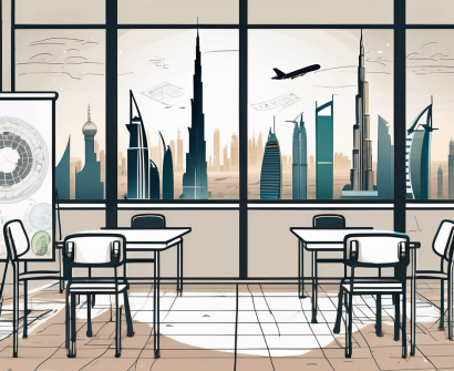 A classroom setting with a view of iconic dubai landmarks like the burj khalifa and the palm jumeirah in the background