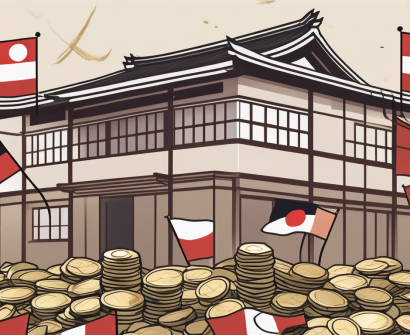 A traditional japanese school building with various international flags fluttering in the wind
