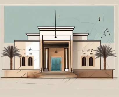 A traditional emirati architectural school building with elements of art tools such as paintbrushes