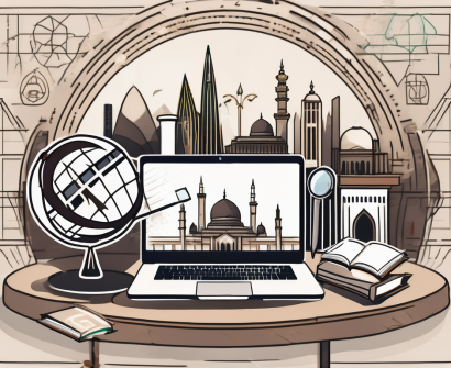 A laptop displaying a globe