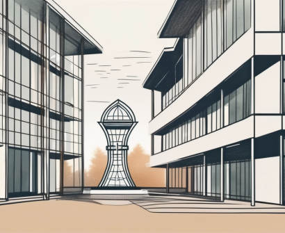 A swedish international school building with a symbolic hourglass next to it