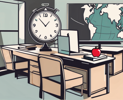 A classroom setting with an apple on the teacher's desk