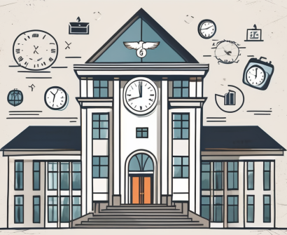 A swiss international school building with various symbolic icons like a graduation cap