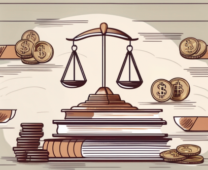 An international school building in taiwan with a scale balancing books and a stack of coins