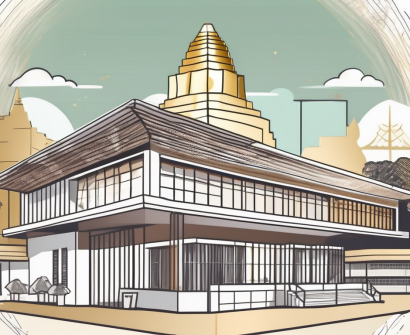 An international school building in thailand with a backdrop of thai landmarks