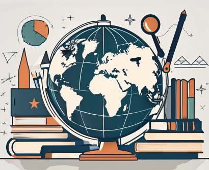 A globe surrounded by various educational tools like books
