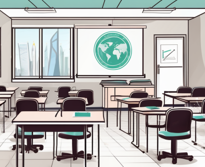 A classroom setting in dubai with highlighted teaching tools and an iqts (international quality teaching standards) emblem