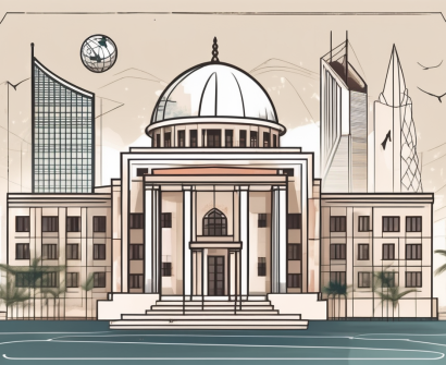 An international school building in the united arab emirates with a backdrop of iconic uae landmarks