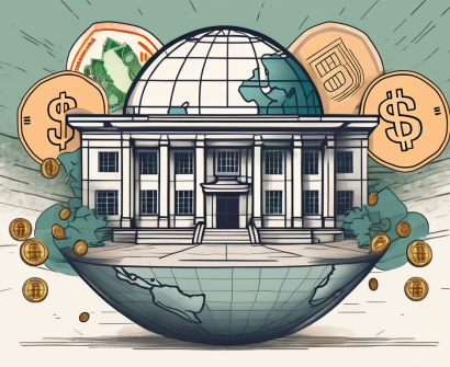 A traditional vietnamese school building with a globe and different currencies floating around it