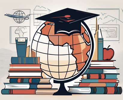 A classroom environment with various symbolic elements such as a pile of books