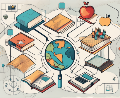 A diverse array of symbolic school elements such as books