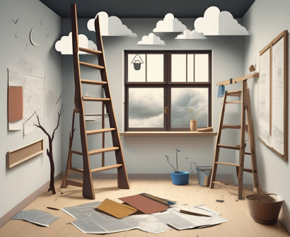 A classroom with an empty teacher's desk