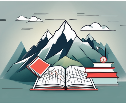 A classroom setting with various symbolic elements such as a steep mountain to represent challenges