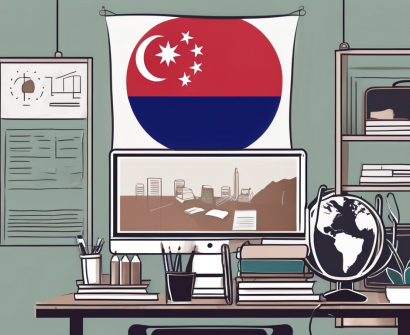 A classroom scene with various teaching tools and devices such as laptops