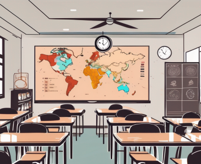 A classroom setting in china with a chalkboard