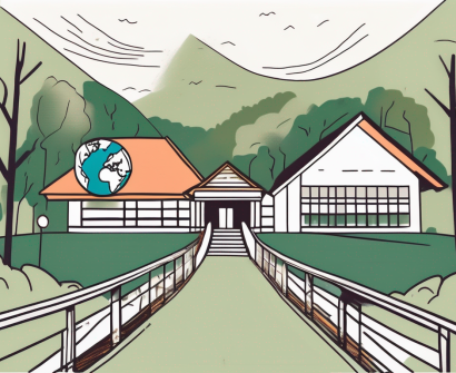 A school building with a globe in the background