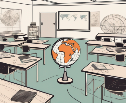 A traditional south korean classroom setting with a chalkboard