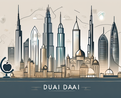 A modern dubai skyline with seven symbolic icons like a graduation cap