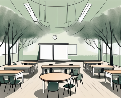A classroom with empty chairs symbolizing isolation