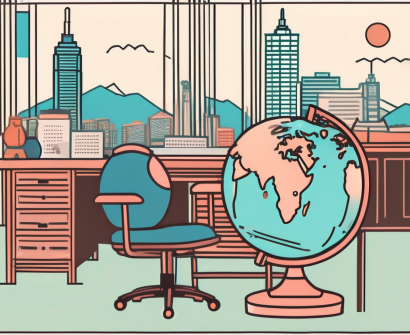 A classroom with iconic taiwanese elements like the taipei 101 building in the background