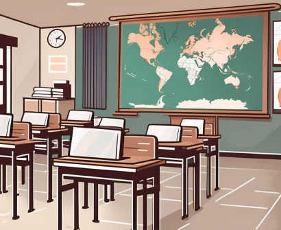 A classroom setting in thailand with english textbooks on the desks