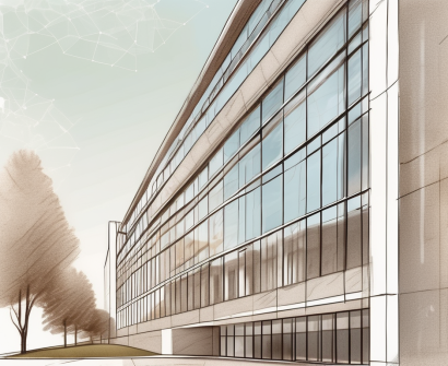 A prestigious international school building in vienna with a symbolic hourglass or calendar nearby